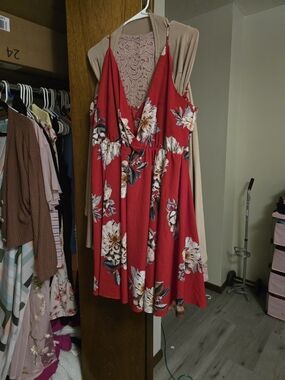 SHEIN Red Floral Midi Dress with Spaghetti Straps